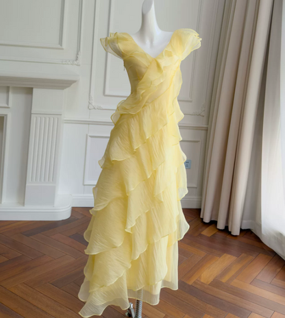 Chic V-neck Sheath Long Evening Dress Chiffon Summer Dress Yellow Prom Dress  ED08902
