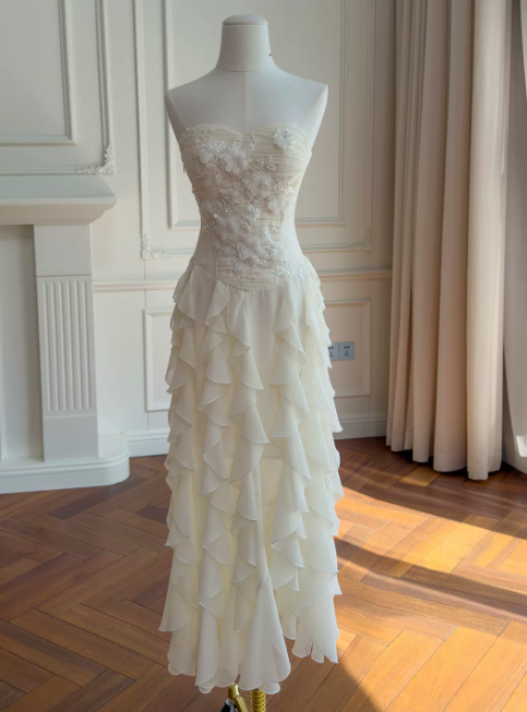 Robe de soirée longue fourreau chic, bustier en cœur, en mousseline, robe d'été, robe de bal ivoire ED08903
