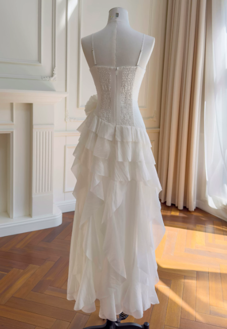 Chic Spaghetti Straps Sheath Long Evening Dress Tulle Summer Dress White Prom Dress  ED08905