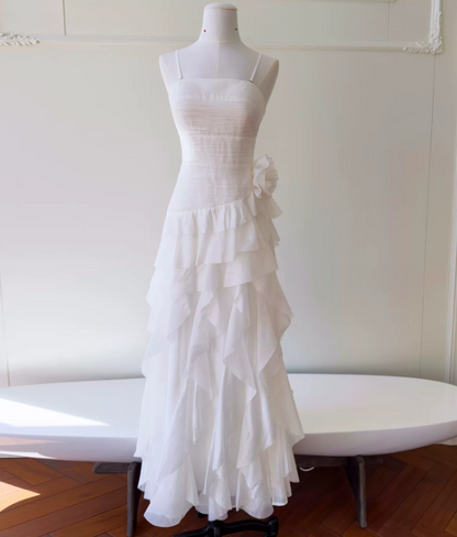 Chic Spaghetti Straps Sheath Long Evening Dress Tulle Summer Dress White Prom Dress  ED08905