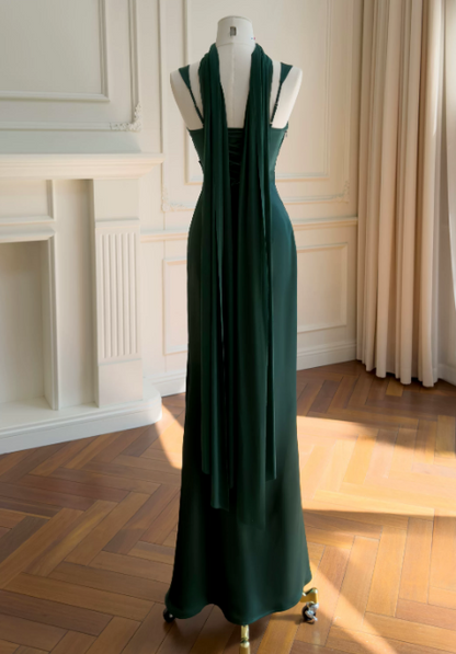 Glam Spaghetti Straps Sheath Long Evening Dress Satin Summer Dress Forest green Prom Dress ED08906