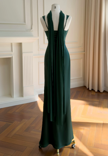 Robe longue de soirée fourreau Glam à bretelles spaghetti en satin, robe d'été vert forêt pour bal de promo ED08906