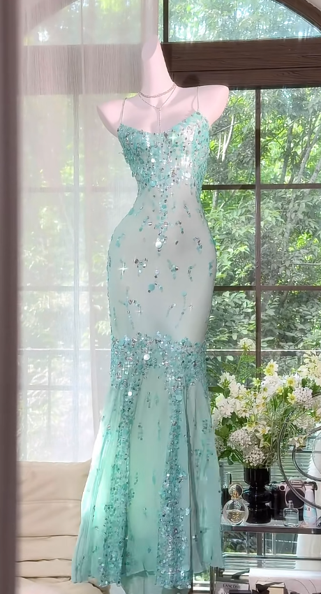 Glam Spaghetti Straps Sheath Long Evening Dress Tulle Sequins Summer Dress Tiffany Blue Prom Dress ED08908