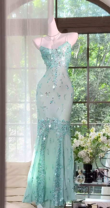 Robe de soirée longue glamour à fines bretelles fourreau en tulle à paillettes, robe d'été bleu Tiffany, robe de bal ED08908