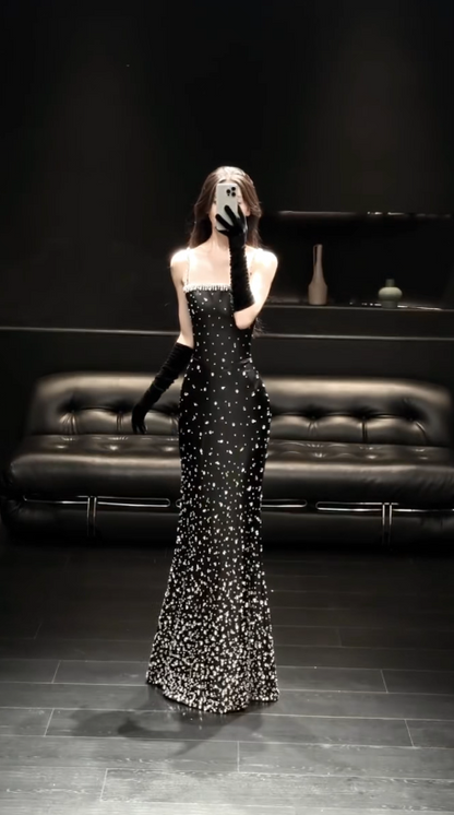 Glam Spaghetti Straps Mermaid Long Evening Dress Beaded Satin Black Prom Dress ED08909