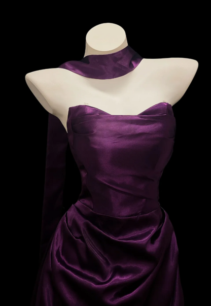 Glam Strapless Sheath Long Evening Dress Satin Purple Prom Dress ED08910