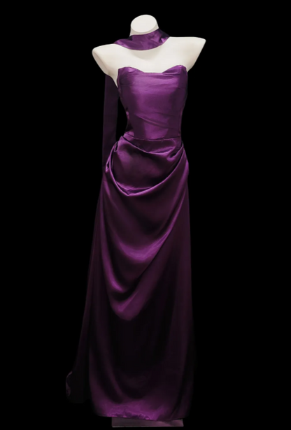 Glam Strapless Sheath Long Evening Dress Satin Purple Prom Dress ED08910