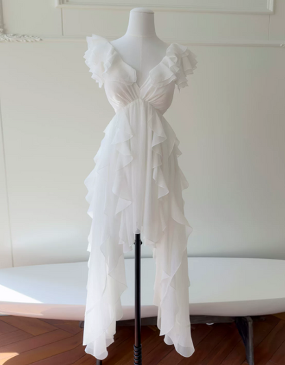 Glam V-neck Sheath Long Evening Dress Chiffon White Short Prom Dress  ED08911