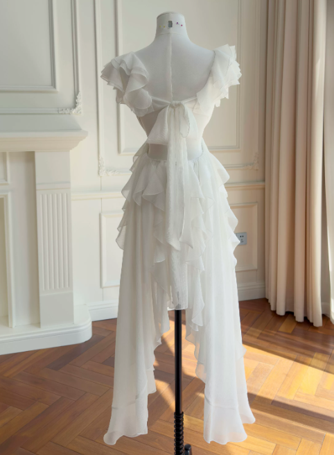 Glam V-neck Sheath Long Evening Dress Chiffon White Short Prom Dress  ED08911