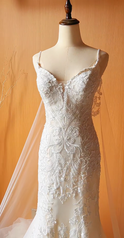 Modest Mermaid Wedding Dress White Lace Bridal Dress Spaghetti Straps Bridal Gown ED08912