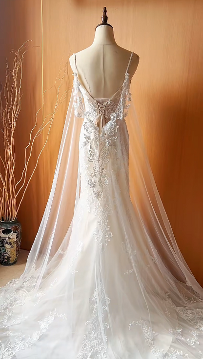 Modest Mermaid Wedding Dress White Lace Bridal Dress Spaghetti Straps Bridal Gown ED08912