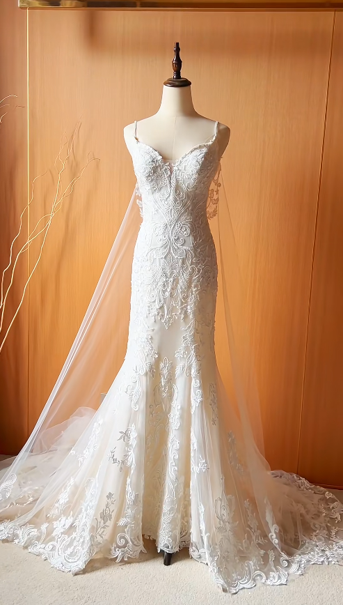 Robe de mariée sirène modeste en dentelle blanche avec bretelles fines ED08912