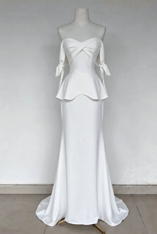 Robe de mariée sirène modeste en satin blanc avec épaules dénudées ED08915