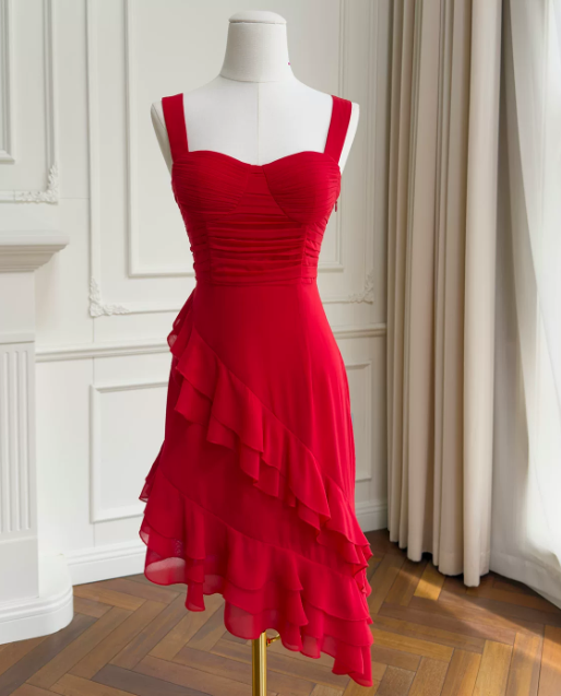 Modest Sheath Straps Birthday Dress Red Hoco Dress Chiffon Short Prom Dress  ED08918