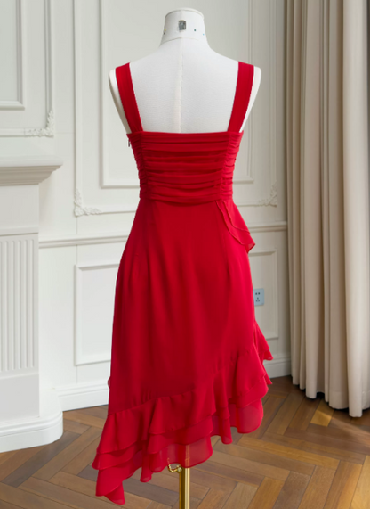 Modest Sheath Straps Birthday Dress Red Hoco Dress Chiffon Short Prom Dress  ED08918