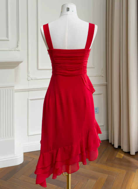 Robe Anniversaire Fourreau Modeste Bretelles Robe Rouge Hoco Courte en Mousseline de Soie ED08918