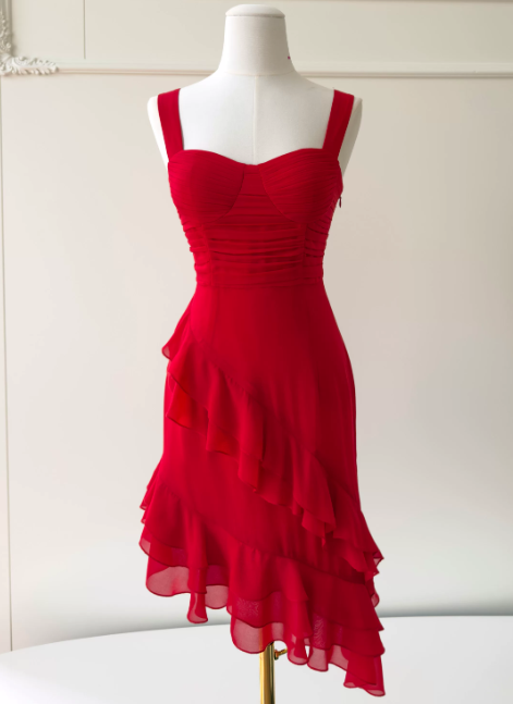 Modest Sheath Straps Birthday Dress Red Hoco Dress Chiffon Short Prom Dress  ED08918