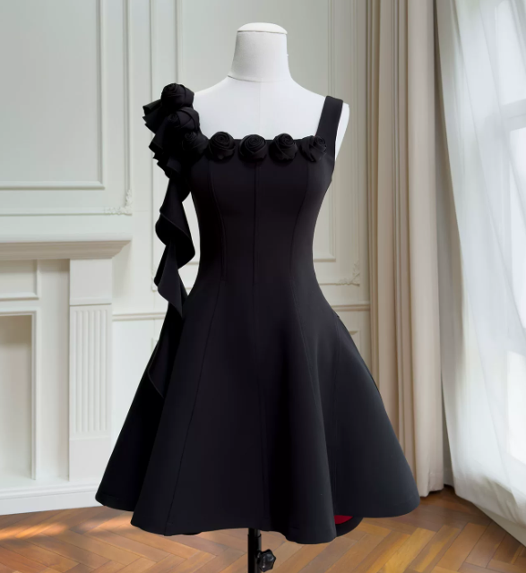Elegant A-Line Straps Birthday Dress Black Hoco Dress Satin Short Prom Dress  ED08919
