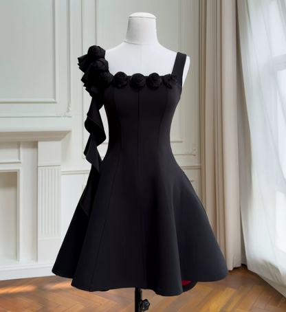 Elegant A-Line Straps Birthday Dress Black Hoco Dress Satin Short Prom Dress  ED08919