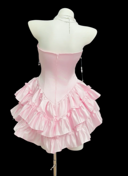 Fashion A-Line Strapless Birthday Dress Pink Hoco Dress Satin Short Prom Dress    ED08927