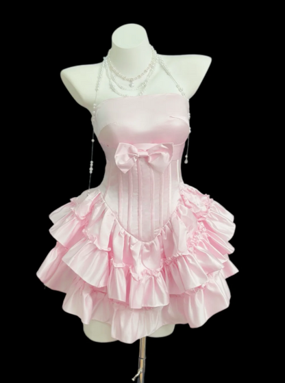 Fashion A-Line Strapless Birthday Dress Pink Hoco Dress Satin Short Prom Dress    ED08927