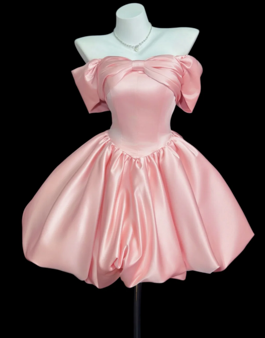 Robe de bal courte en satin, rose, pour anniversaire, de type Hoco, ligne A, épaules dénudées, ED08928