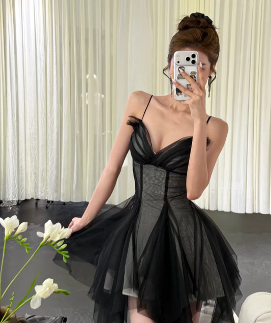 Robe de bal courte en tulle, coupe trapèze, bretelles spaghetti, pour anniversaire, noire, ED08929