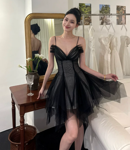 Fashion A-Line Spaghetti Straps Birthday Dress Black Hoco Dress Tulle Short Prom Dress ED08929