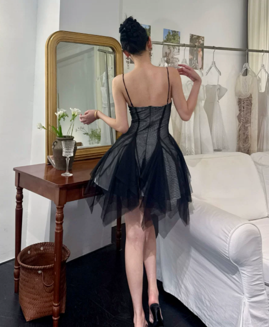 Fashion A-Line Spaghetti Straps Birthday Dress Black Hoco Dress Tulle Short Prom Dress ED08929