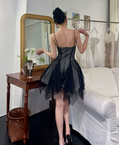 Fashion A-Line Spaghetti Straps Birthday Dress Black Hoco Dress Tulle Short Prom Dress ED08929