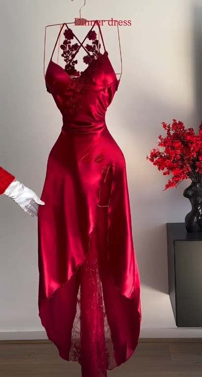Simple Red Long Evening Dress Spaghetti Straps Sheath Prom Dress  Satin Formal Dress ED08932