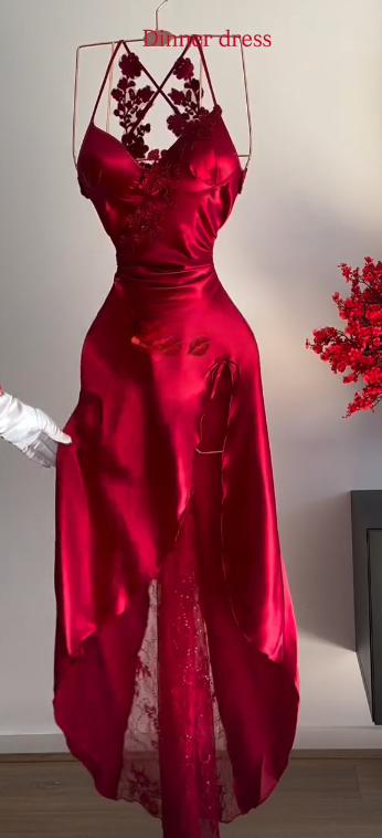 Simple Red Long Evening Dress Spaghetti Straps Sheath Prom Dress  Satin Formal Dress ED08932