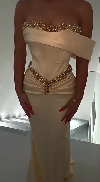 Simple Champagne Long Evening Dress One-shoulder Sheath Prom Dress Satin Formal Dress ED08936