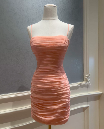 Chic Pink Birthday Dress Spaghetti Straps Sheath Hoco Dress Chiffon  Graduation Party Dress ED08948