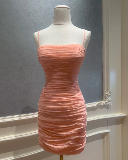 Chic Pink Birthday Dress Spaghetti Straps Sheath Hoco Dress Chiffon  Graduation Party Dress ED08948