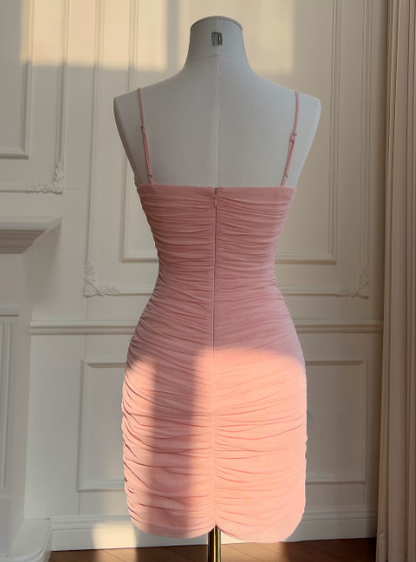 Chic Pink Birthday Dress Spaghetti Straps Sheath Hoco Dress Chiffon  Graduation Party Dress ED08948