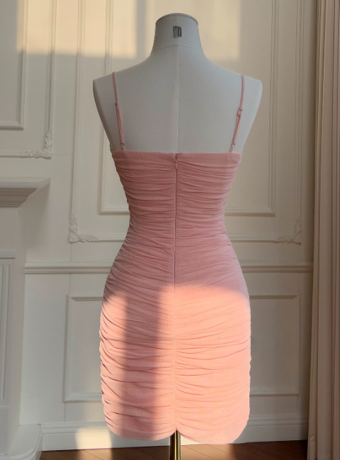 Chic Pink Birthday Dress Spaghetti Straps Sheath Hoco Dress Chiffon  Graduation Party Dress ED08948