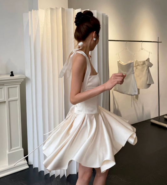 Chic White Birthday Dress Halter A-Line Hoco Dress Satin Graduation Party Dress ED08949