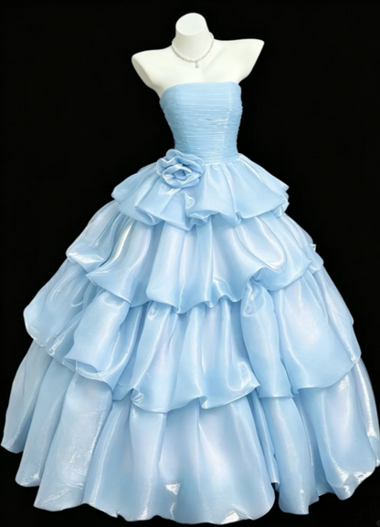Feenhaftes trägerloses Tüll Quinceañera-Kleid Ballkleid Blau Sweet 16 Kleid ED08952