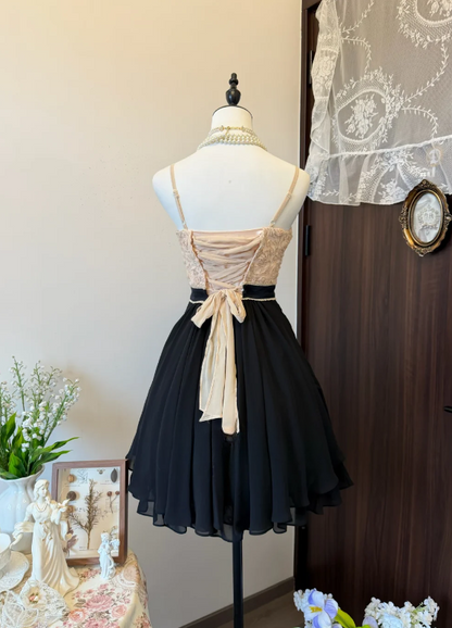 Cute Black Hoco Dress Straps A-Line Graudation Party Dress Chiffon Birthday Dress ED08958