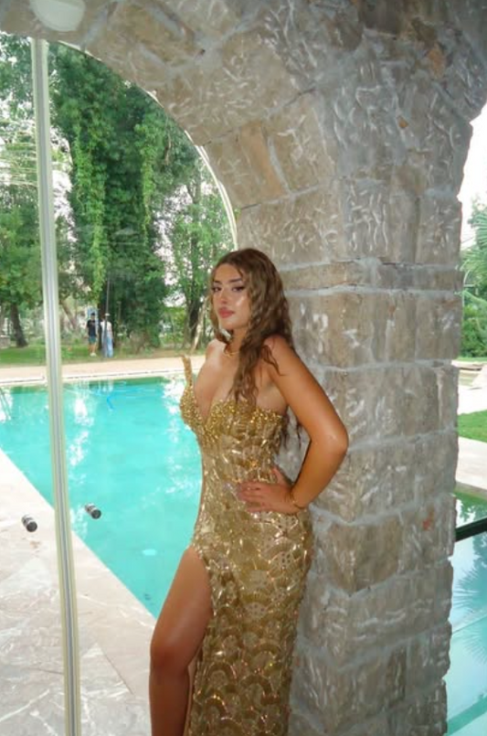 Robe de soirée longue fourreau en tulle or chic avec perles bustier cœur ED08963