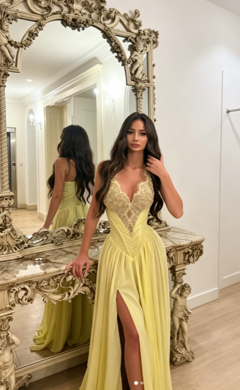 Chic Yellow Prom Dress Halter A-Line Chiffon Long Evening Dress ED08965