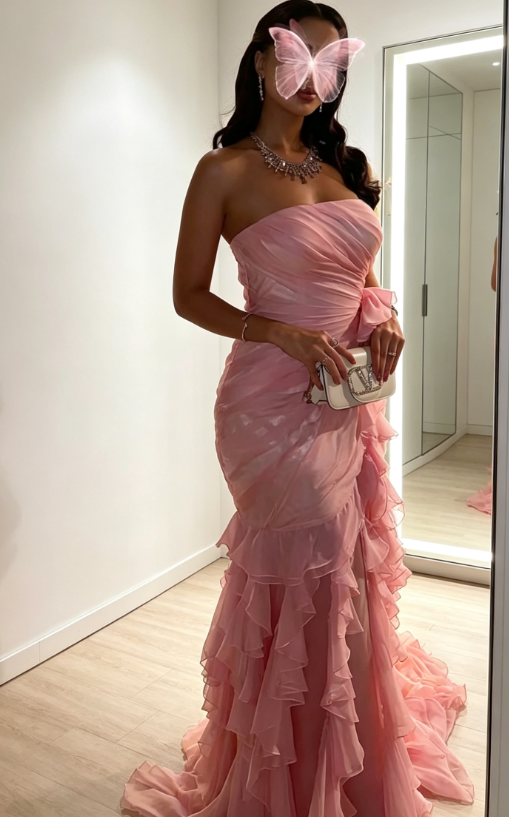 Chic Pink Prom Dress Strapless Sheath Chiffon Long Evening Dress ED08966