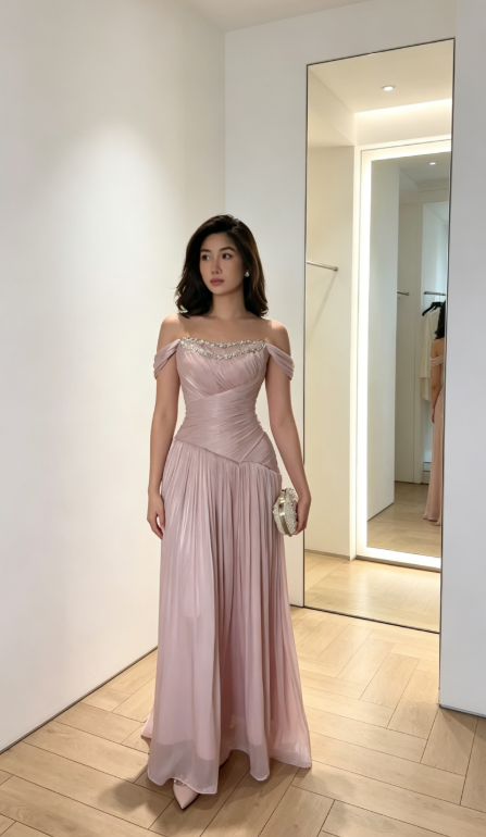 Chic Pink Prom Dress Off-shoulder Sheath Chiffon Long Evening Dress ED08967