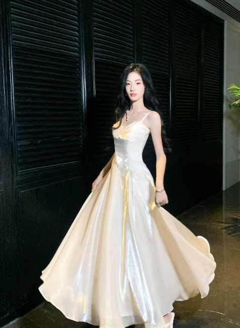 Chic White Prom Dress Spaghetti Straps A-Line Chiffon Long Evening Dress ED08968