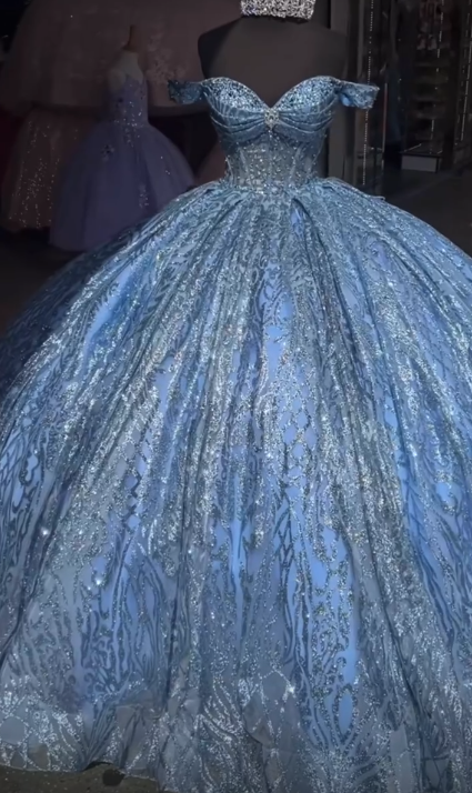 Gorgeous Off-shoulder Ball Gown Quicneanera Dress Tulle Blue Sweet 16 Dress ED08969