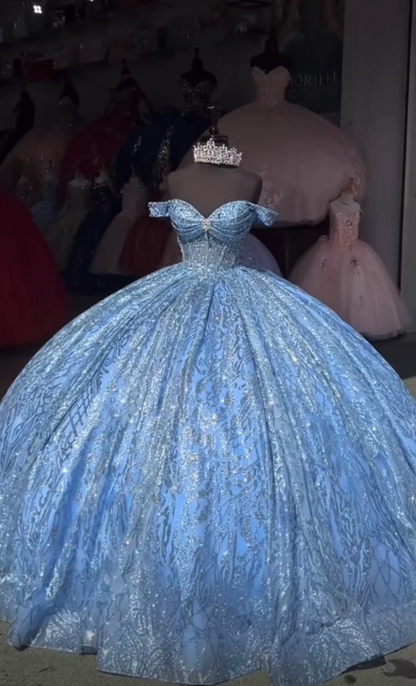 Gorgeous Off-shoulder Ball Gown Quicneanera Dress Tulle Blue Sweet 16 Dress ED08969