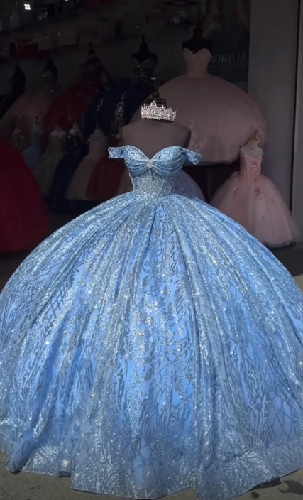Wunderschönes schulterfreies Ballkleid Quinceanera Kleid Tüll Blau Sweet 16 Kleid ED08969