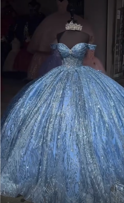Gorgeous Off-shoulder Ball Gown Quicneanera Dress Tulle Blue Sweet 16 Dress ED08969