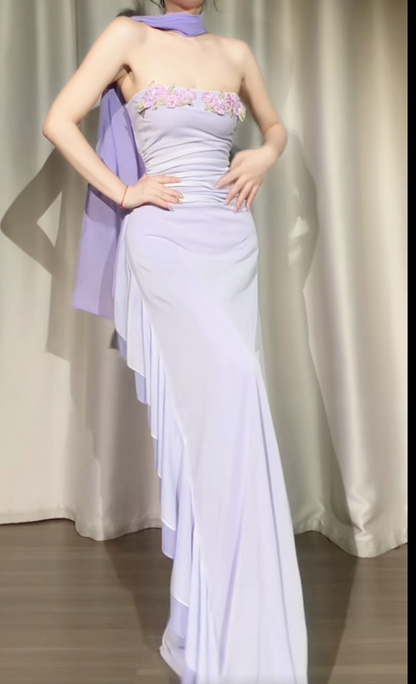 Vintage Strapless Chiffon Formal Dress Sheath Purple Evening Dress ED08971
